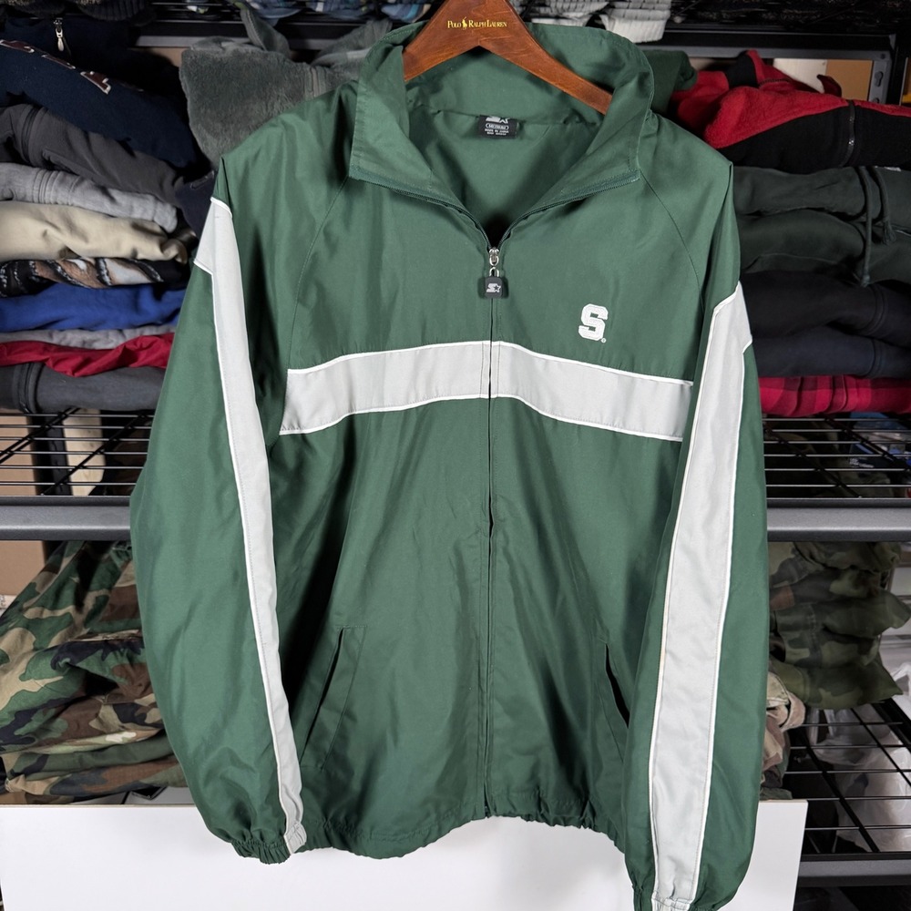 Starter Mens Green Full Zip Track Jacket With White Stripe Accent Size Medium